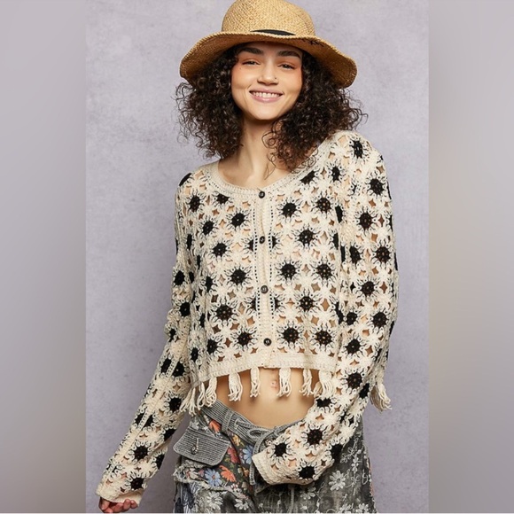 POL Sweaters - POL Crochet Cropped Cardigan in Cream and Black
